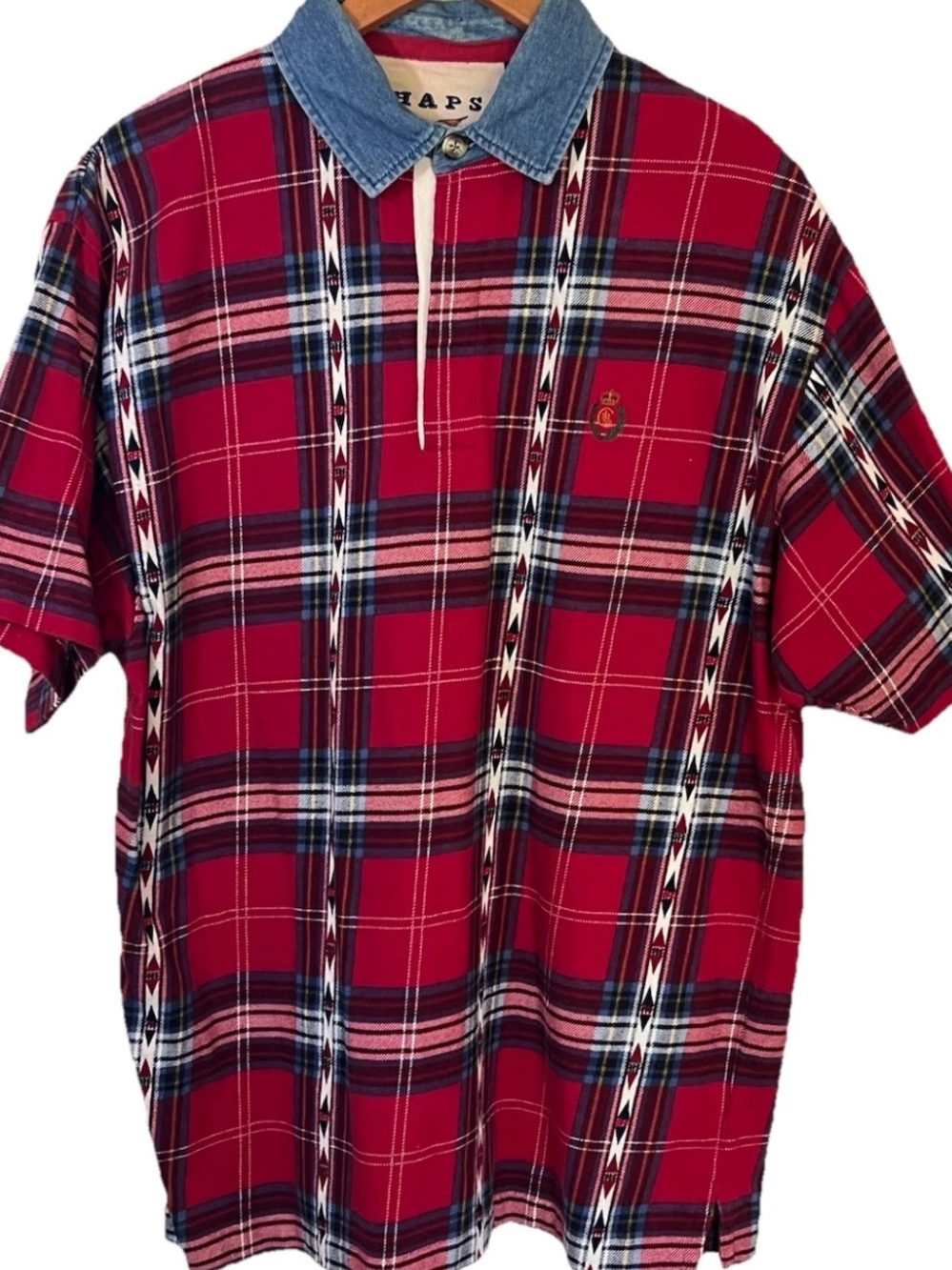 VTG Chaps Ralph Lauren Mens Polo Shirt Red Southwestern Plaid Denim Collar Sz L